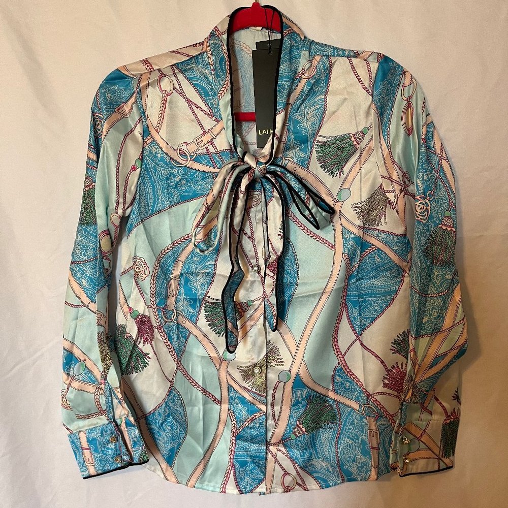 NWT Lai Meng Printed Blouse, Bow-Tie Collar, Size S/2